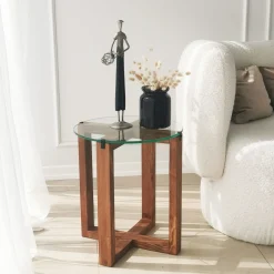 Bijzettafel Amalfi Glas/Walnoot Set van 2