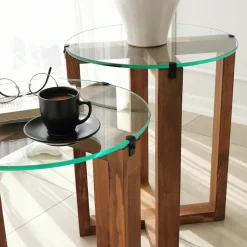 Bijzettafel Amalfi Glas/Walnoot Set van 2