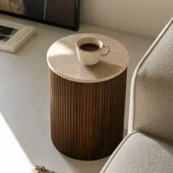 Bijzettafel Davi Marmer Donkerbruin Rond 45cm - Giga Meubel