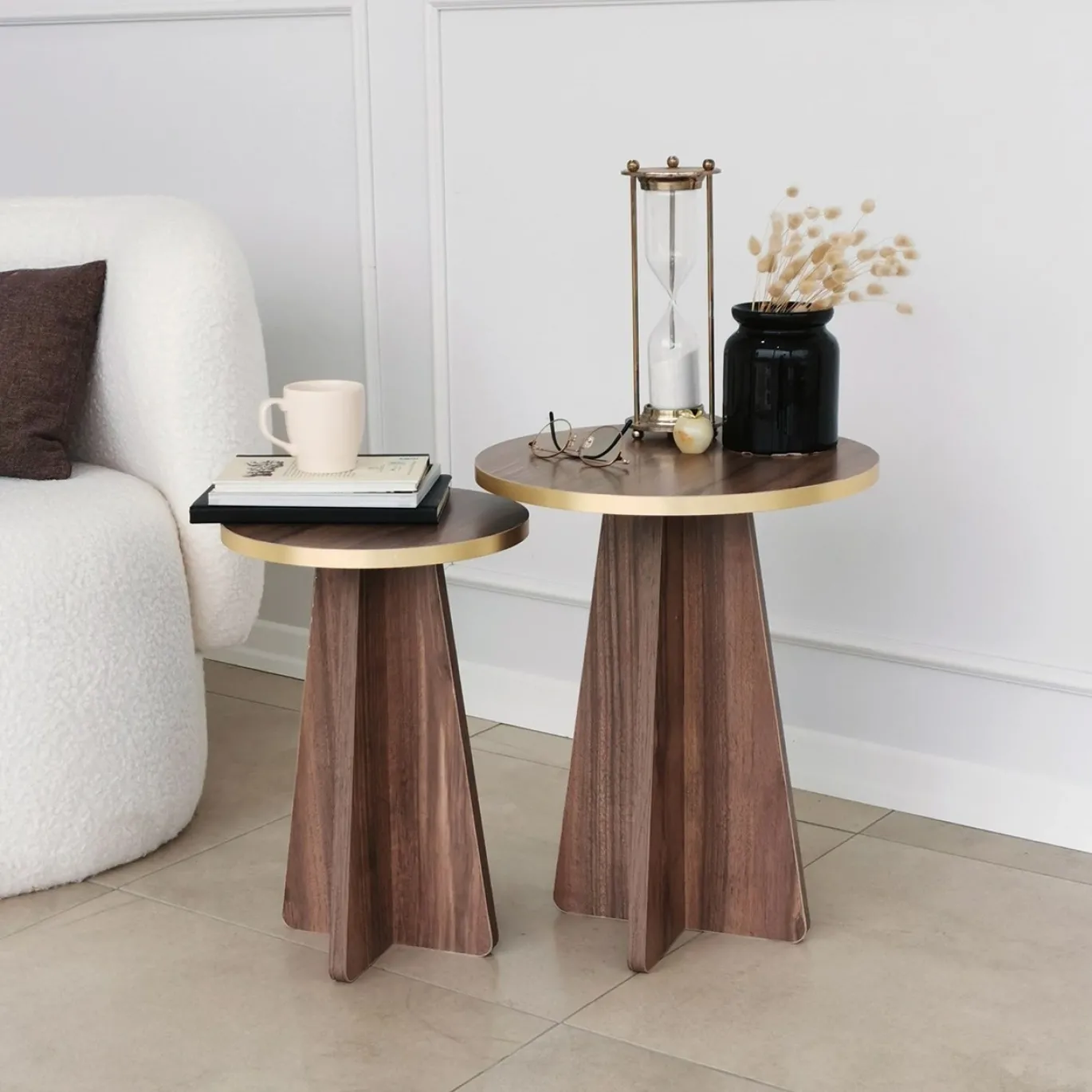Bijzettafel Mushroom Walnoot/Goud Set van 2