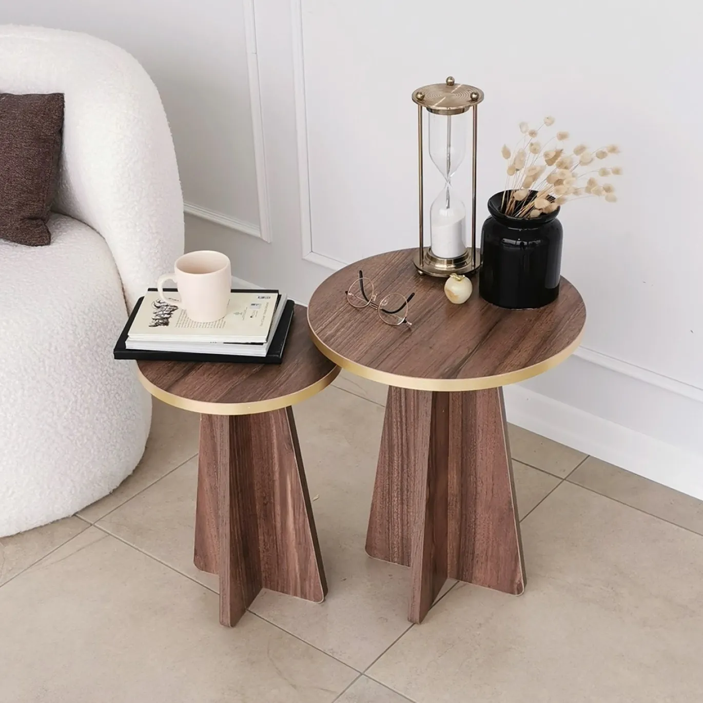 Bijzettafel Mushroom Walnoot/Goud Set van 2