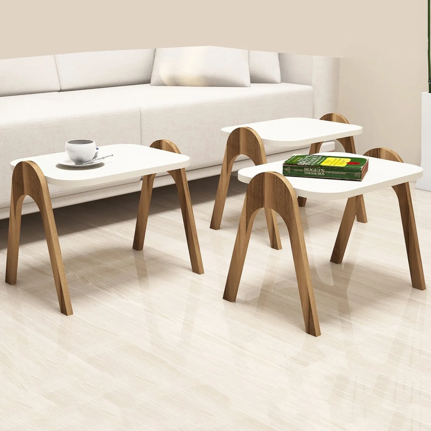 Bijzettafel Paris Crème/Walnoot Set van 3
