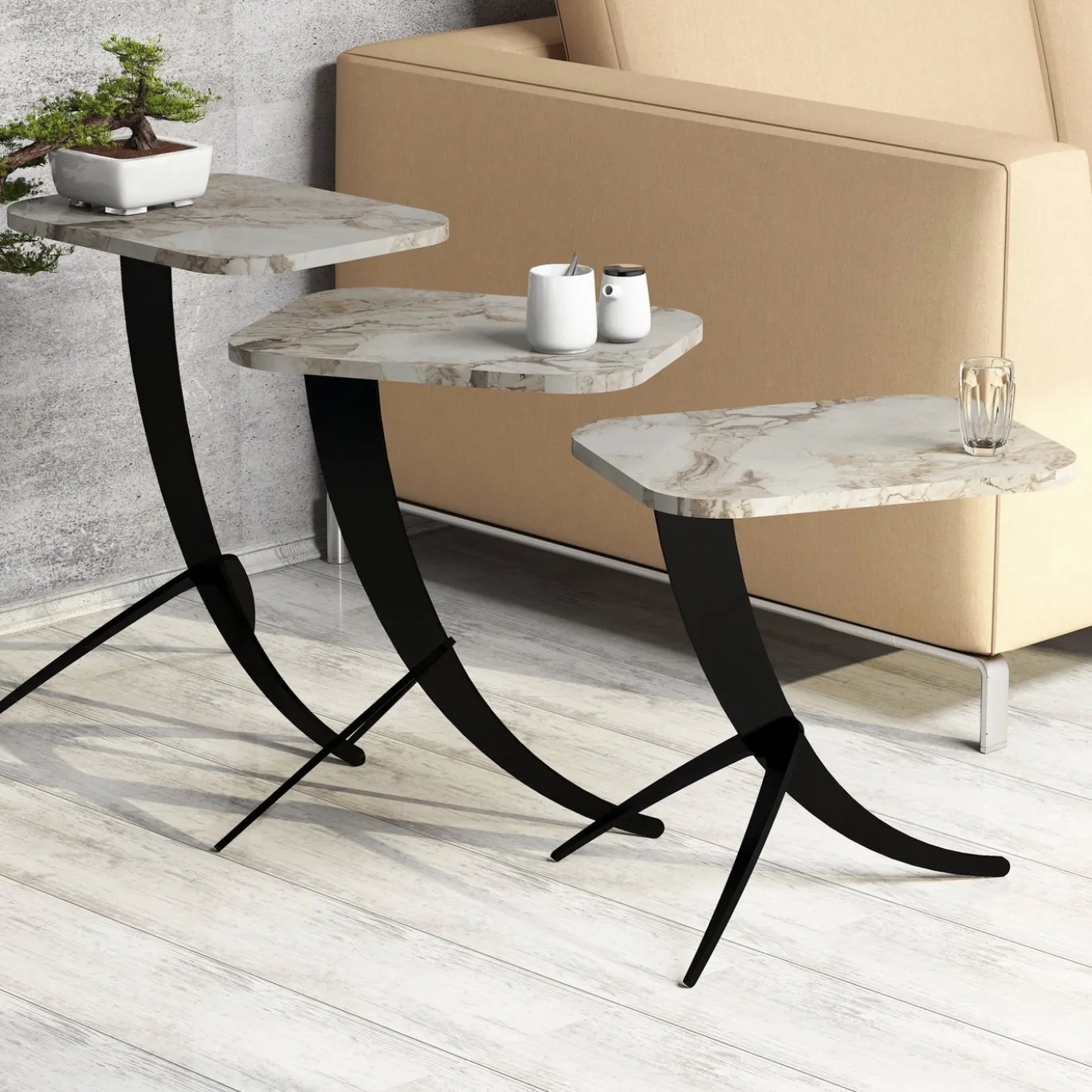 Bijzettafel Pion Marmerlook Wit Set van 3