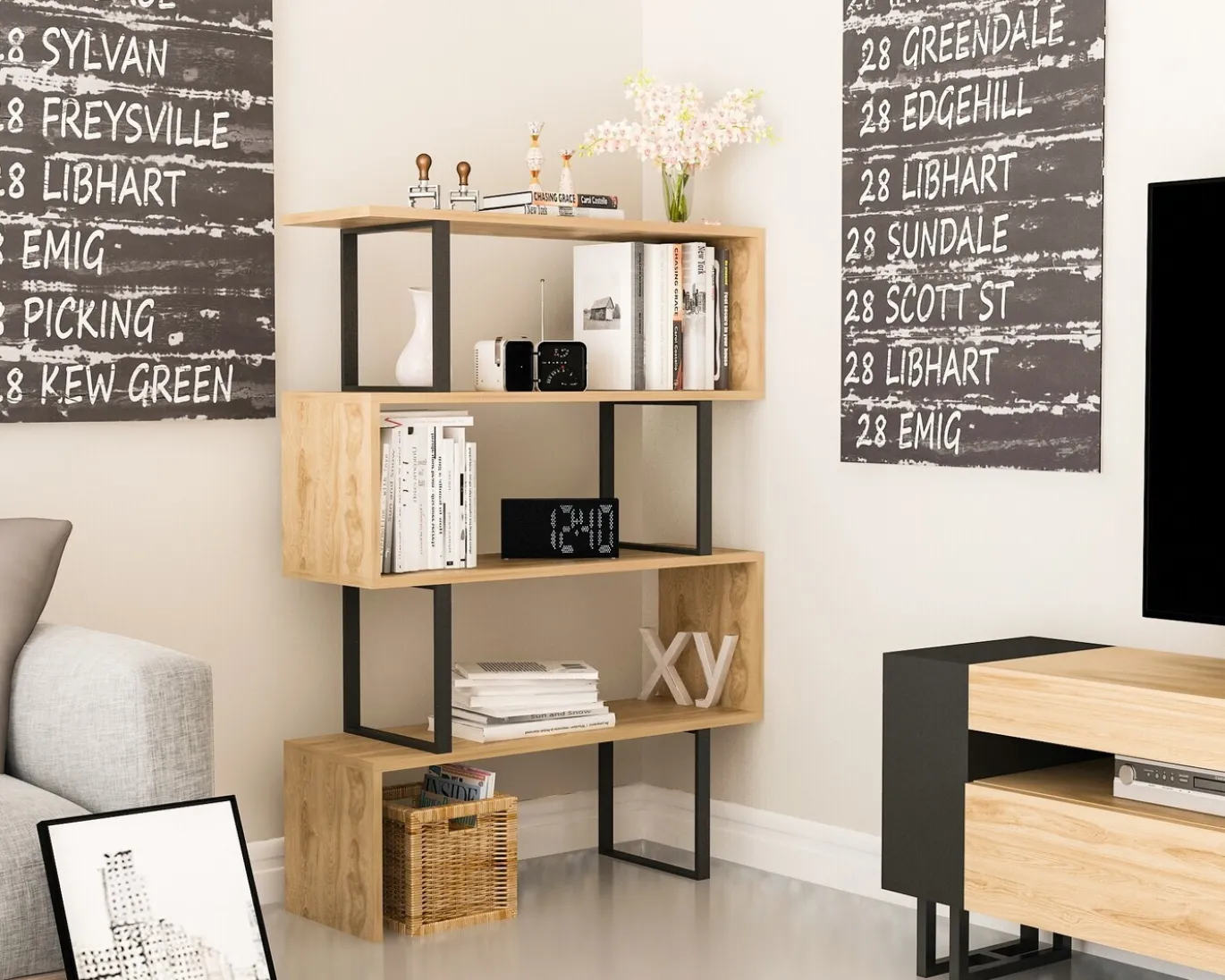 Boekenkast Adriana Melamine Eiken Zwart