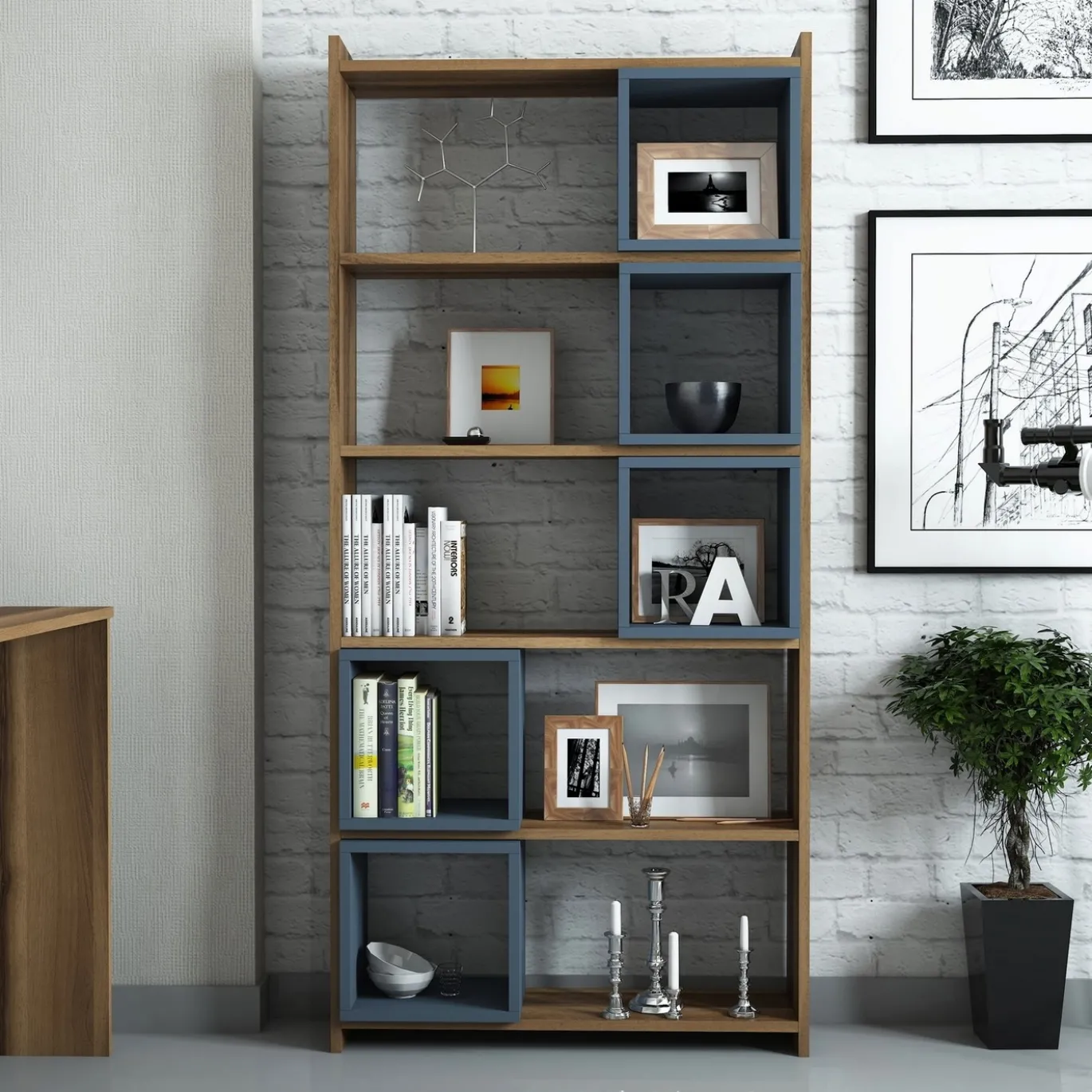Boekenkast Box Walnoot/Blauw