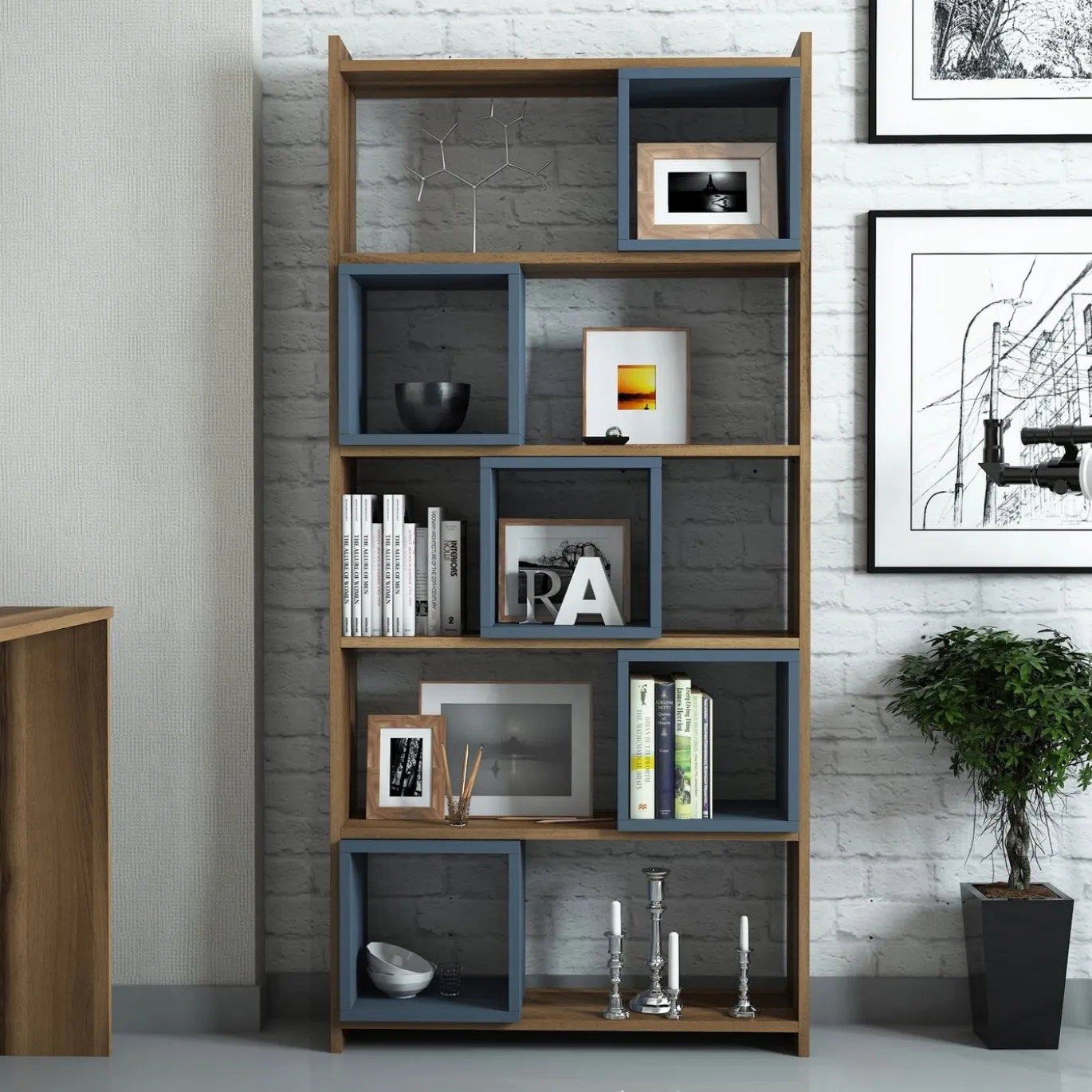 Boekenkast Box Walnoot/Blauw