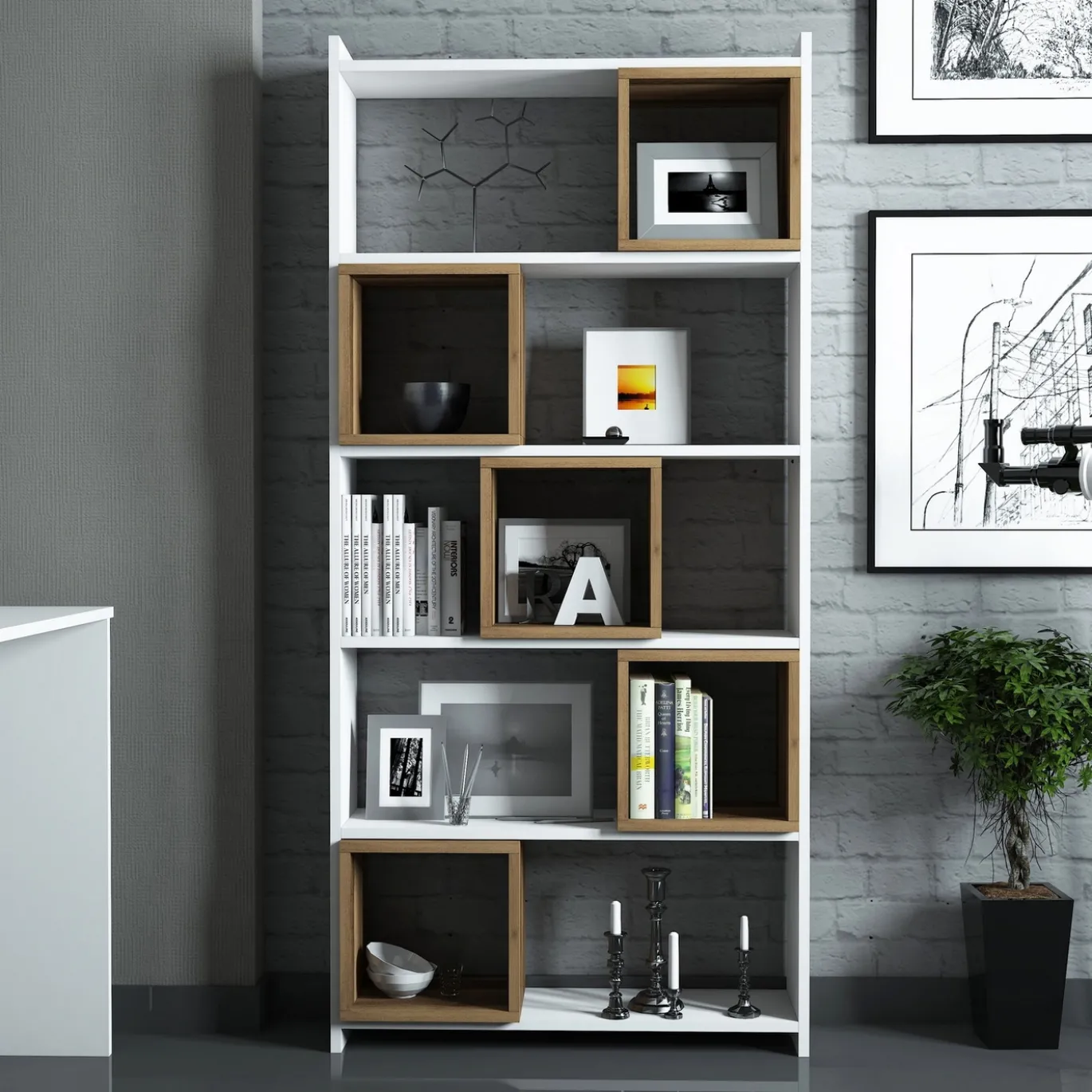 Boekenkast Box Wit/Walnoot