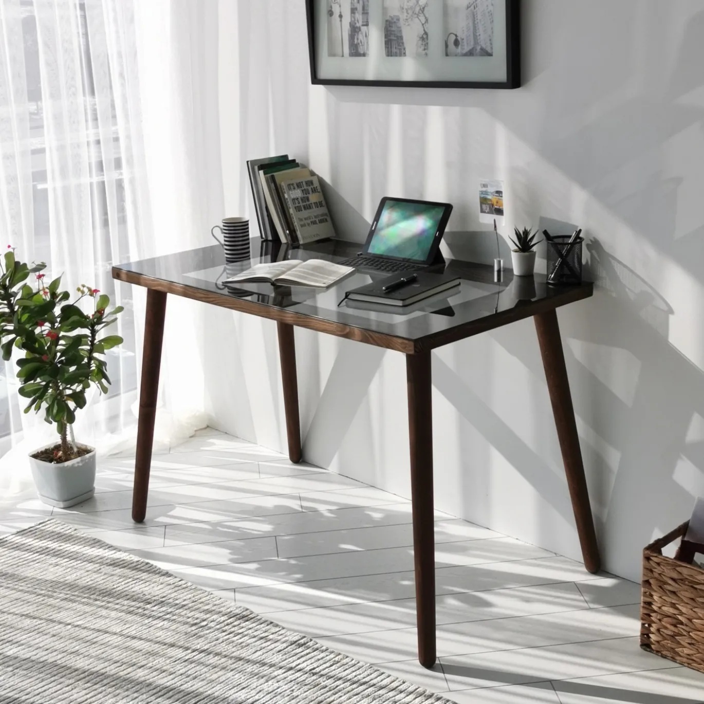 Bureau Cozy Glas Smoke/Walnoot 110cm