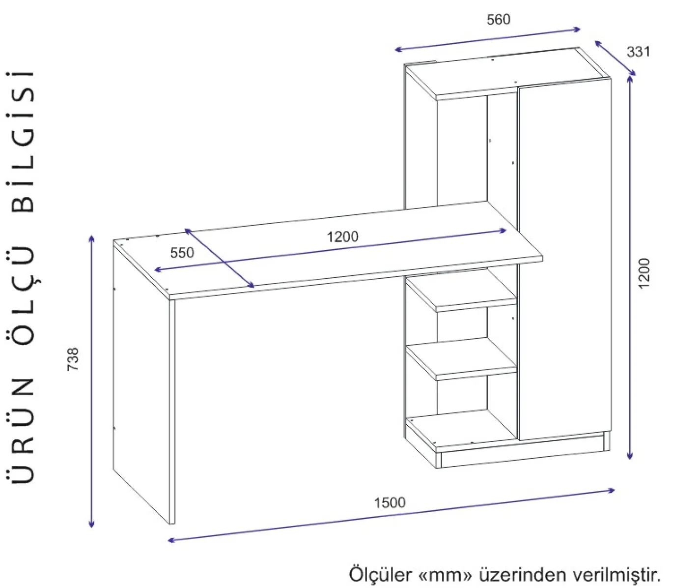 Bureau Yagiz Antraciet 150cm