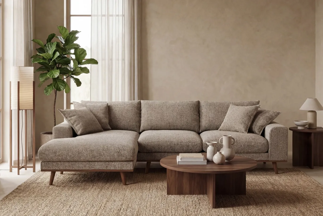 Chaise Longue Bank Harper 3-Zits Silencio Lichtbruin Links - Giga Meubel