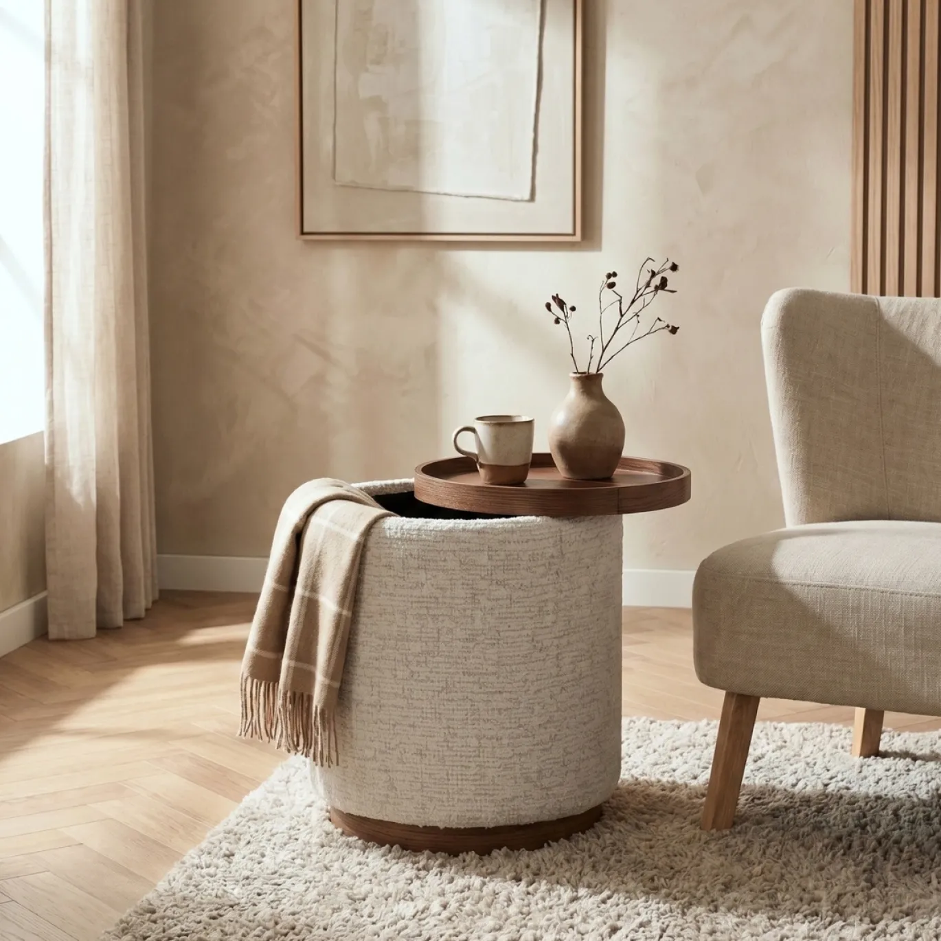 DÉJA Bijzettafel Marcia Beige/Walnoot Rond met Opbergruimte 40cm