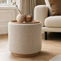 DÉJA Bijzettafel Marcia Beige/Naturel Chenille Rond met Opbergruimte 40cm