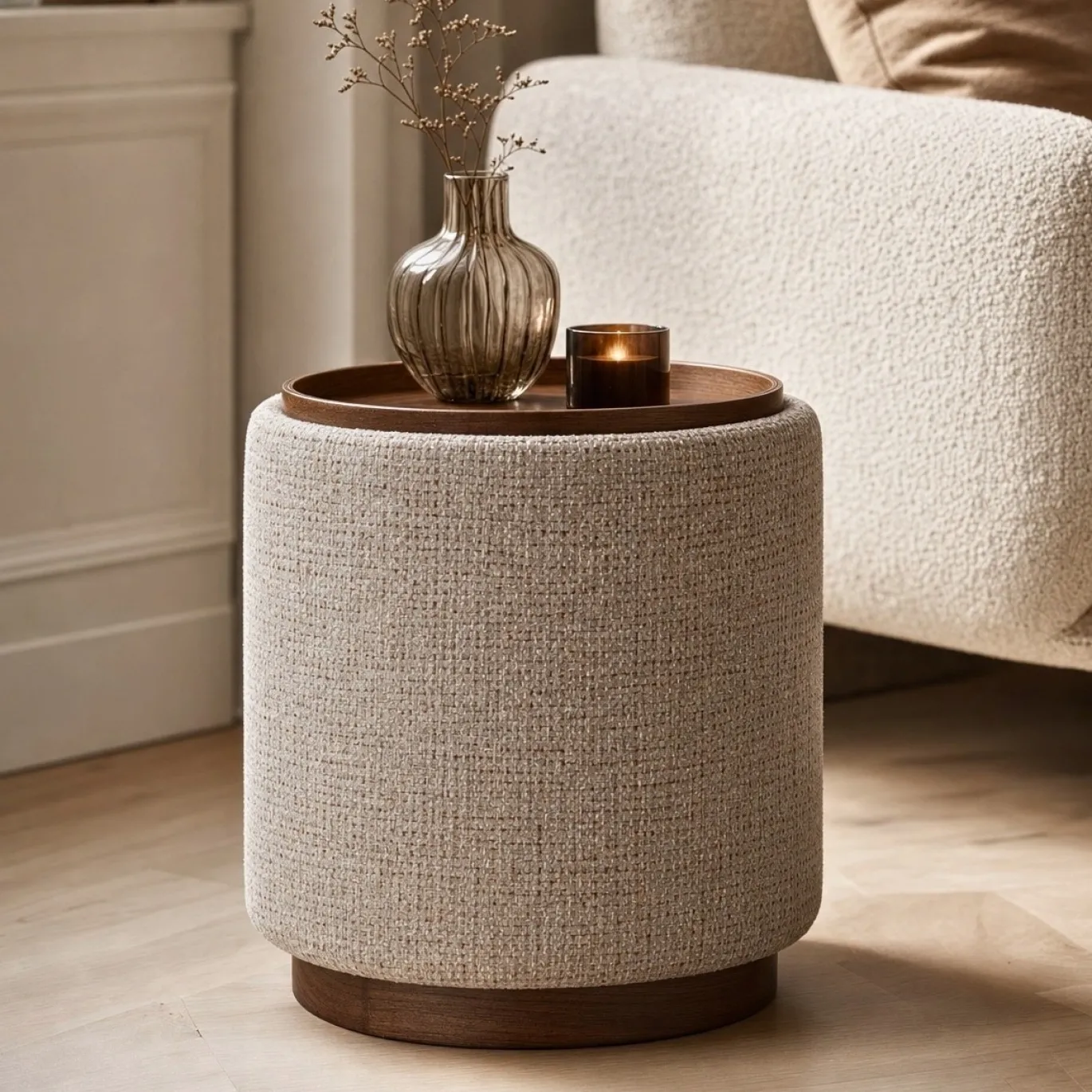 DÉJA Bijzettafel Marcia Taupe/Walnoot Chenille Rond met Opbergruimte 40cm