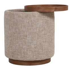 DÉJA Bijzettafel Marcia Taupe/Walnoot Chenille Rond met Opbergruimte 40cm
