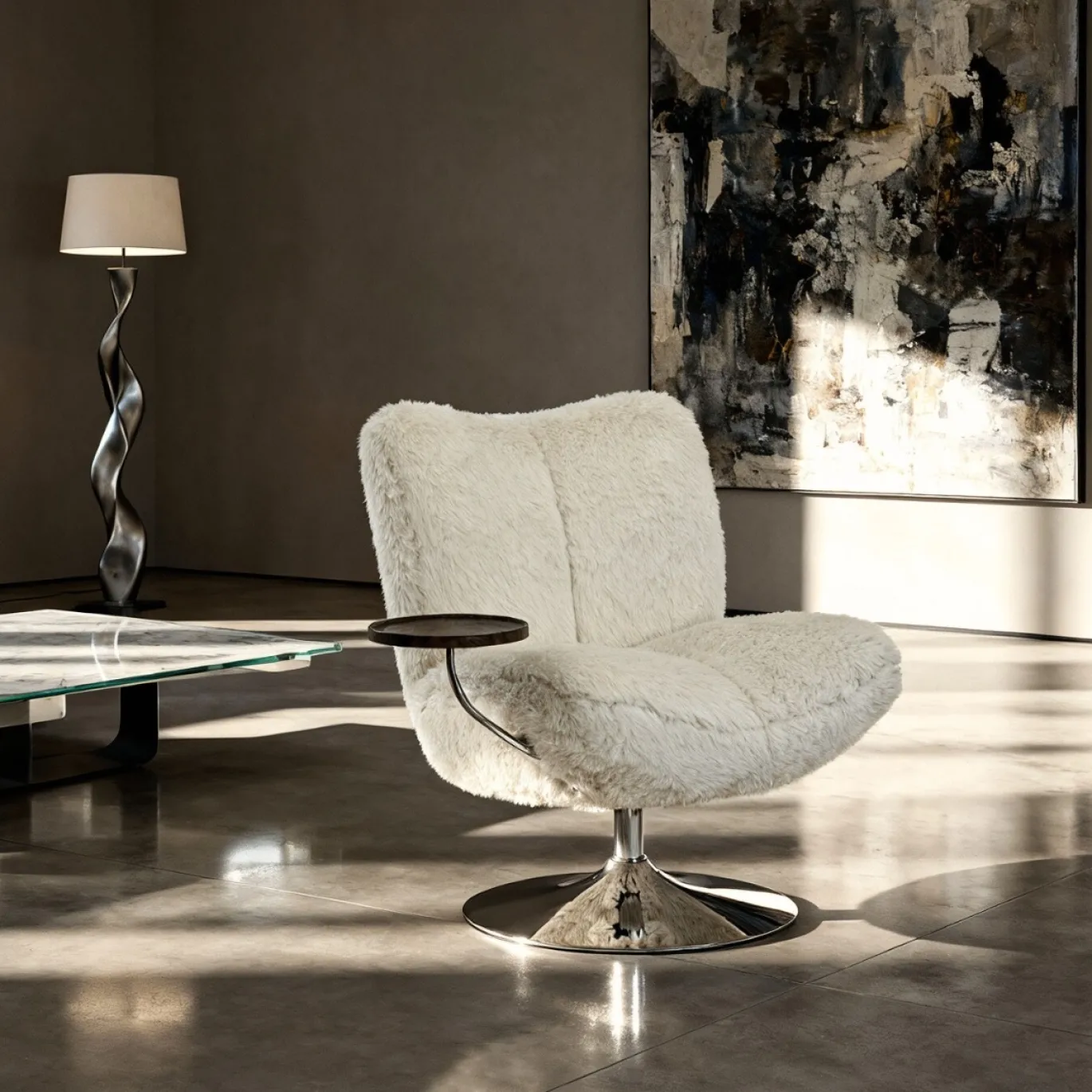 DÉJA Draaifauteuil met Tafeltje Morten Fluffy Beige/Chrome