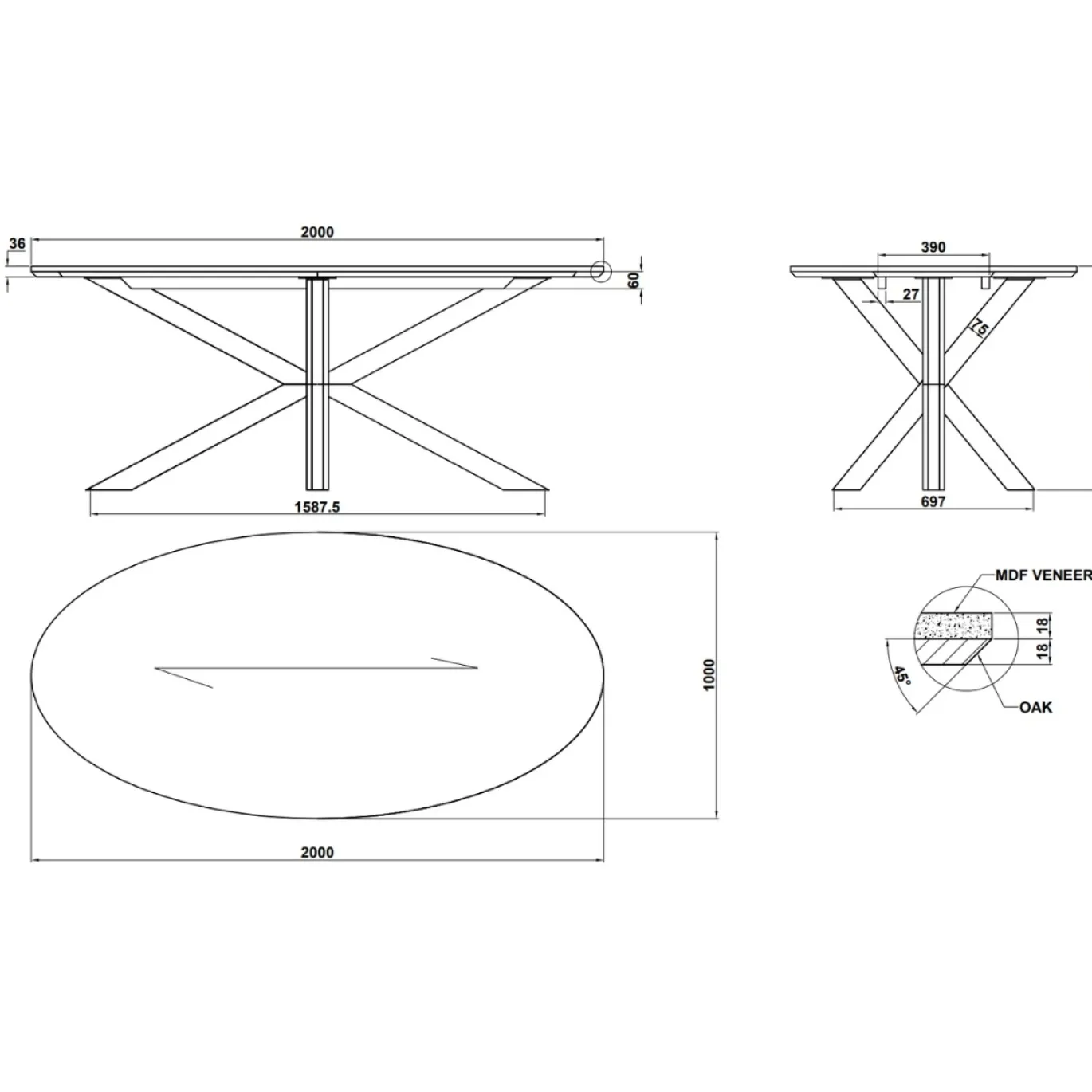 DÉJA Eettafel Lusa Bruin Eiken Ovaal 200cm