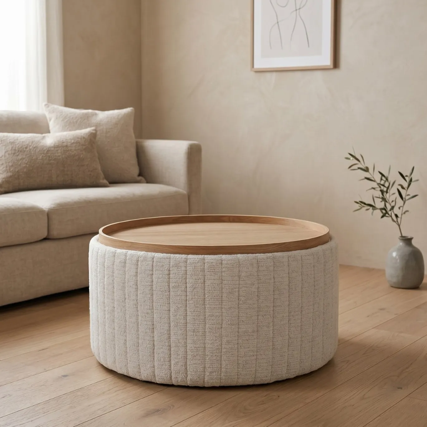 DÉJA Salontafel Angela Beige/Naturel Chenille Rond met Opbergruimte 81cm