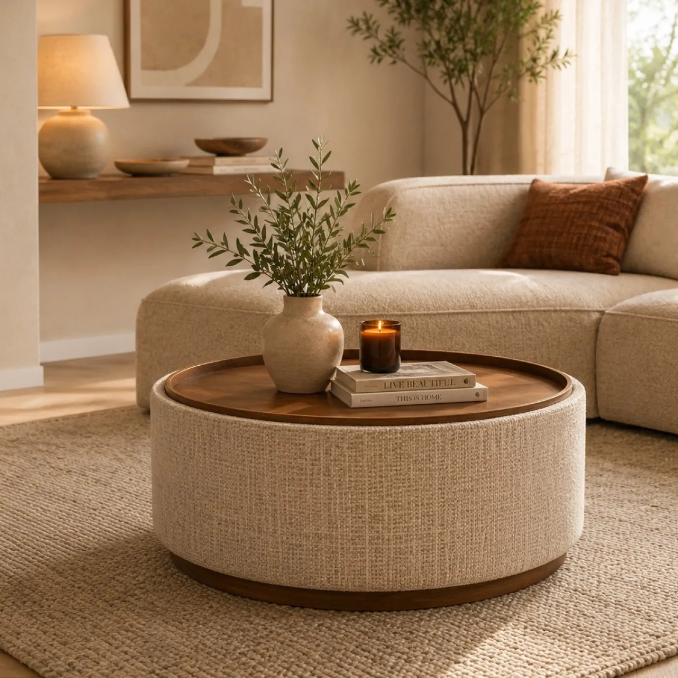 DÉJA Salontafel Marcia Beige/Walnoot Chenille Rond met Opbergruimte 83cm