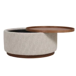 DÉJA Salontafel Marcia Beige/Walnoot Chenille Rond met Opbergruimte 83cm