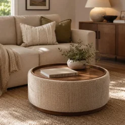 DÉJA Salontafel Marcia Taupe/Walnoot Chenille Rond met Opbergruimte 83cm