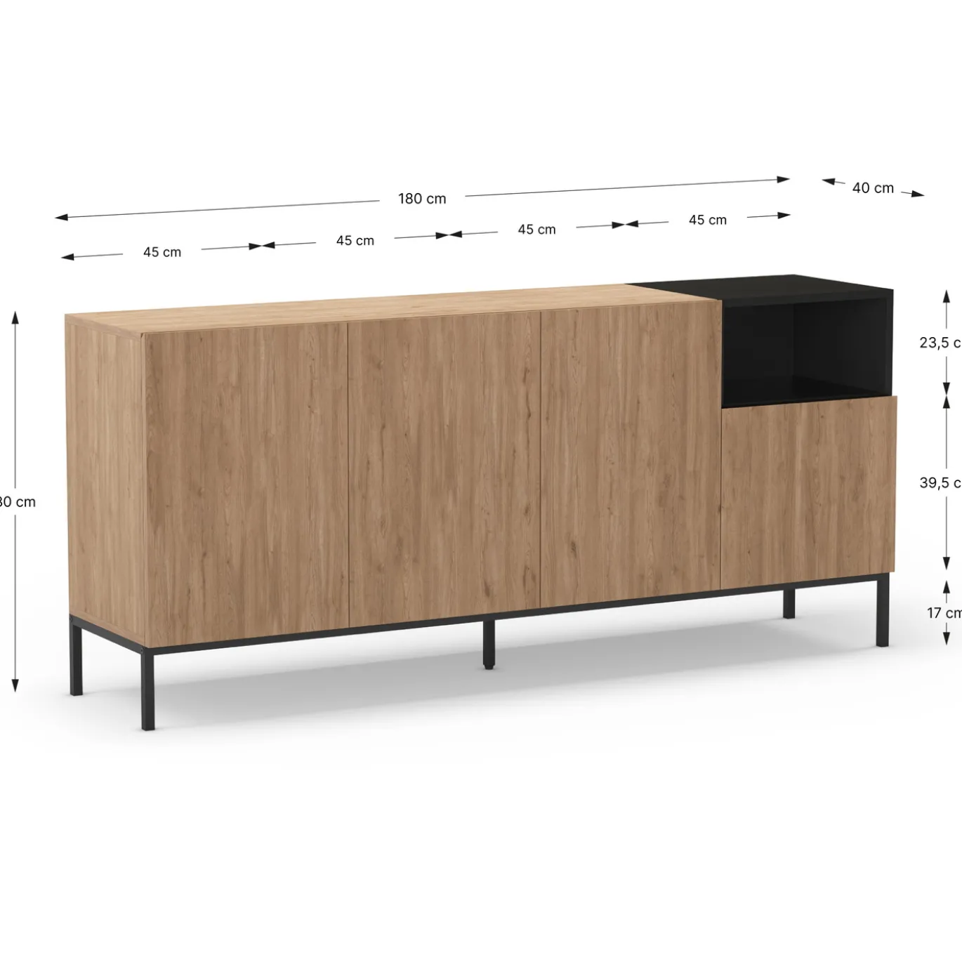 Dressoir Cailin 4d1h 180cm Naturel/zwart met Metaal - Giga Meubel