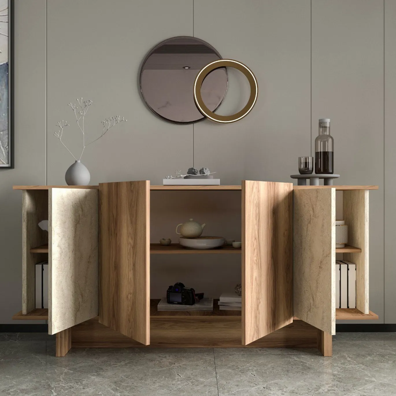 Dressoir Diana Travertinlook/Walnoot 180cm