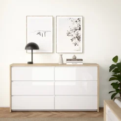 Dressoir Dubbel Next 6 lades Hickory/Wit Hoogglans - Giga Living