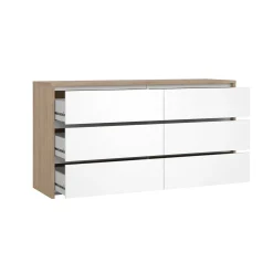 Dressoir Dubbel Next 6 lades Hickory/Wit Hoogglans - Giga Living
