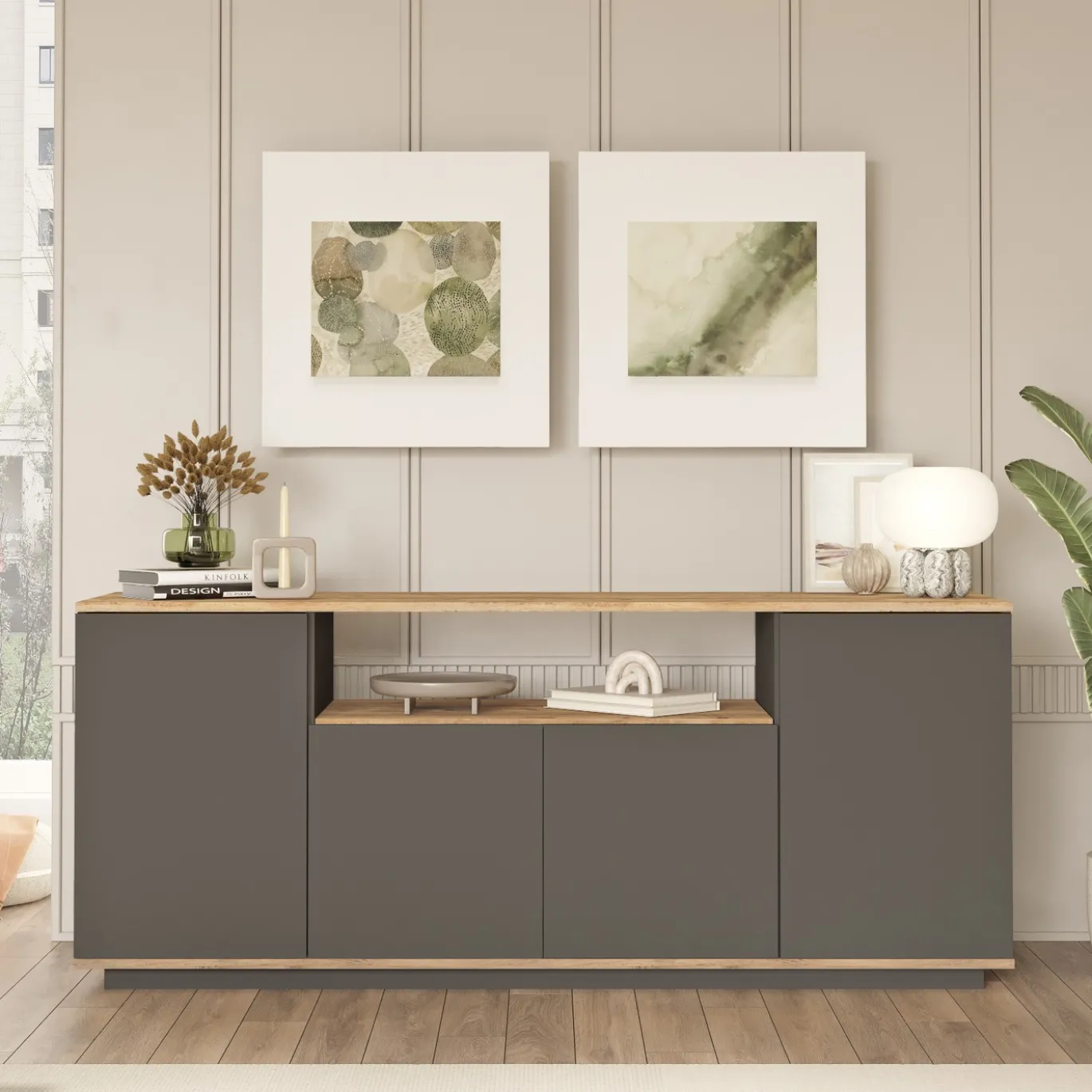 Dressoir Filizoren Antraciet/Naturel 180cm