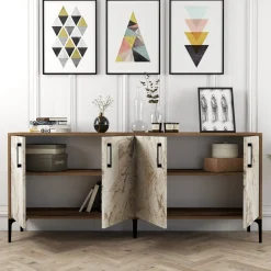Dressoir Kiev Marmerlook Wit/Walnoot 180cm