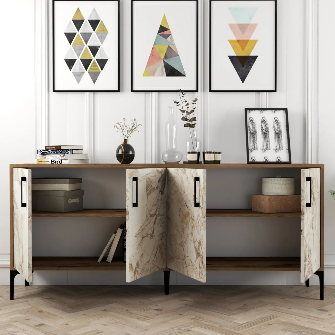 Dressoir Kiev Marmerlook Wit/Walnoot 180cm