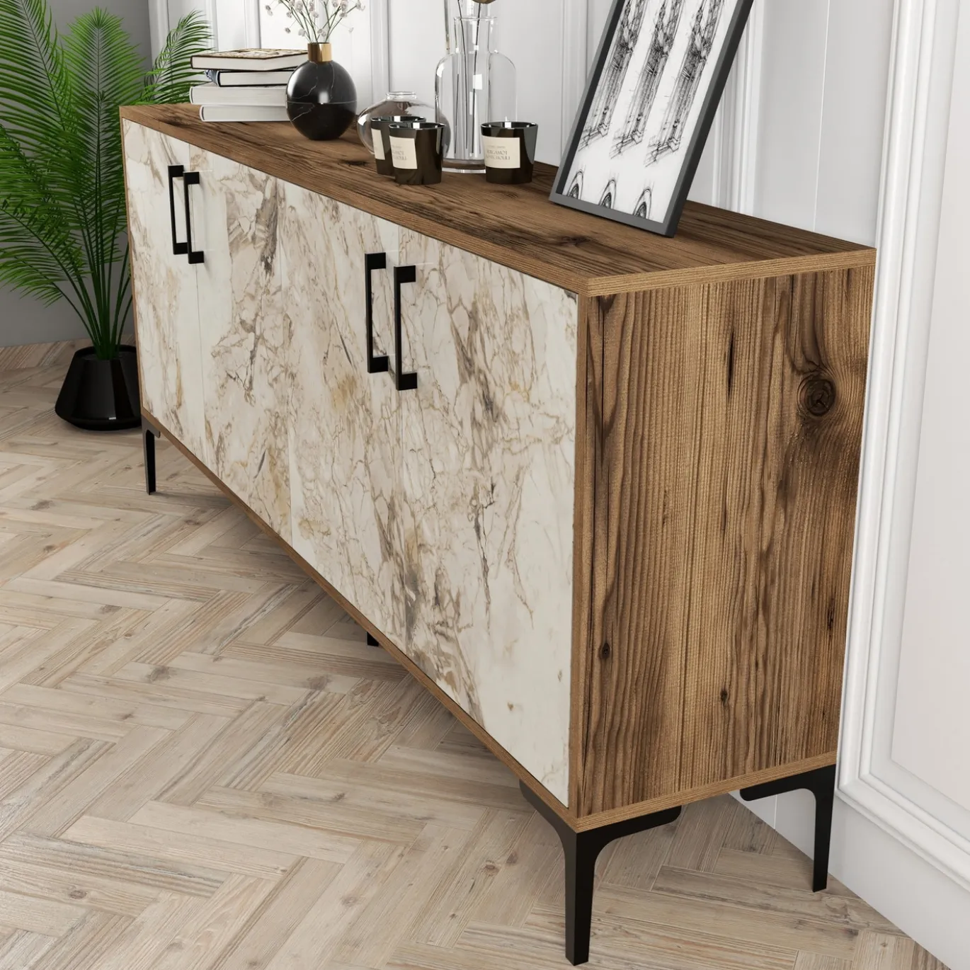 Dressoir Kiev Marmerlook Wit/Walnoot 180cm