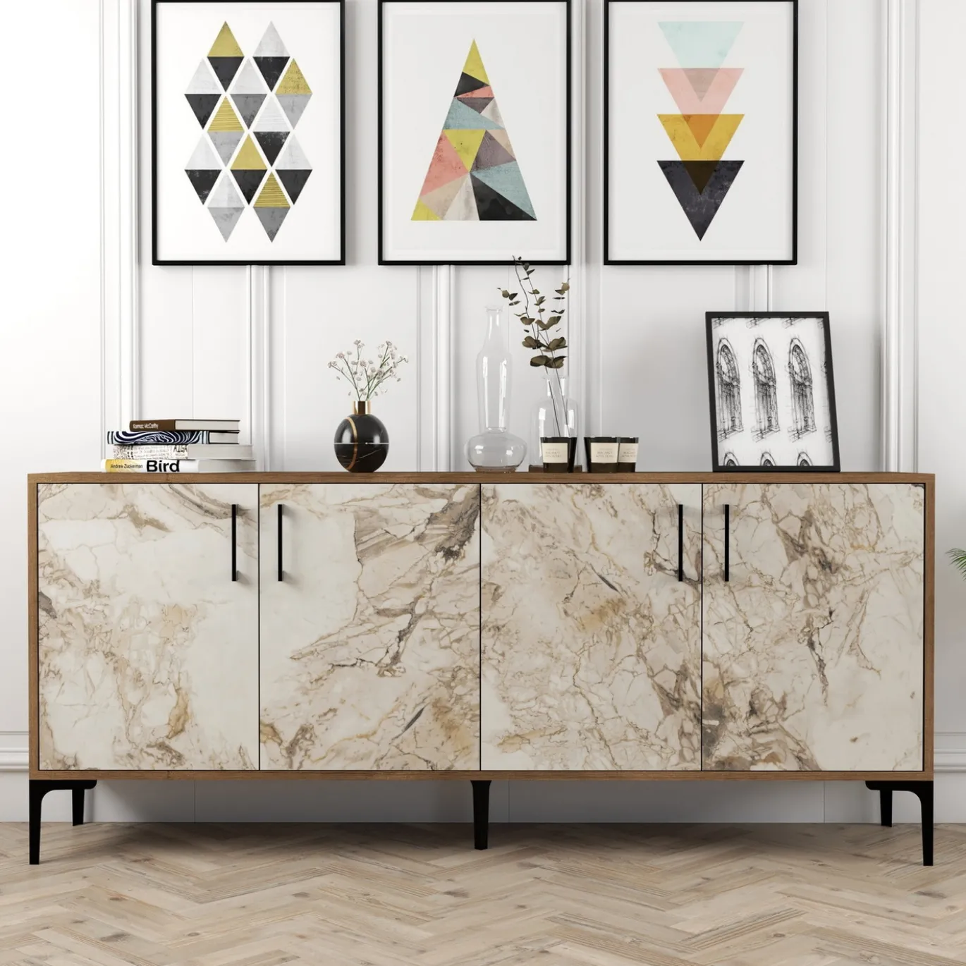 Dressoir Kiev Marmerlook Wit/Walnoot 180cm