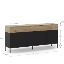 Dressoir Marion 4d4L 180cm Eiken/zwart met Metaal - Giga Meubel