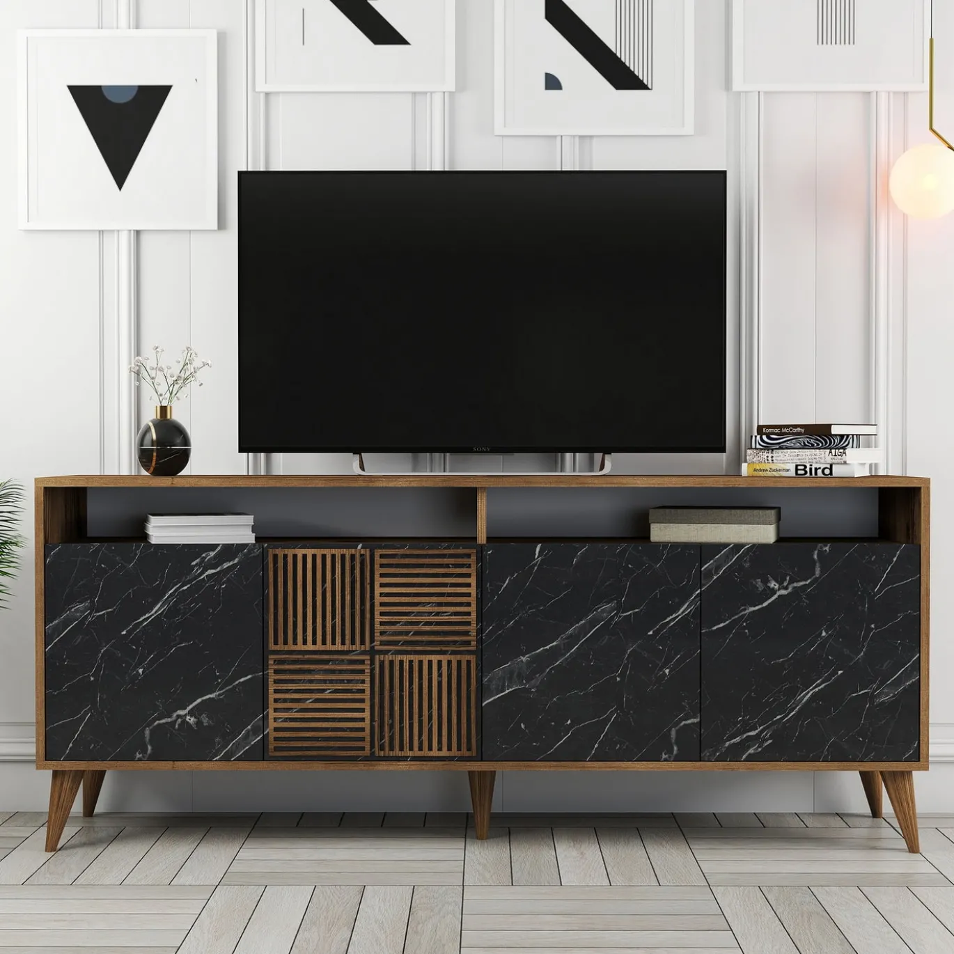 Dressoir Milan Marmerlook Zwart/Walnoot 180cm