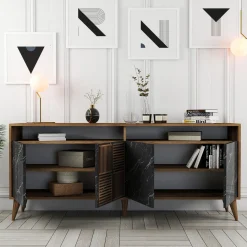 Dressoir Milan Marmerlook Zwart/Walnoot 180cm