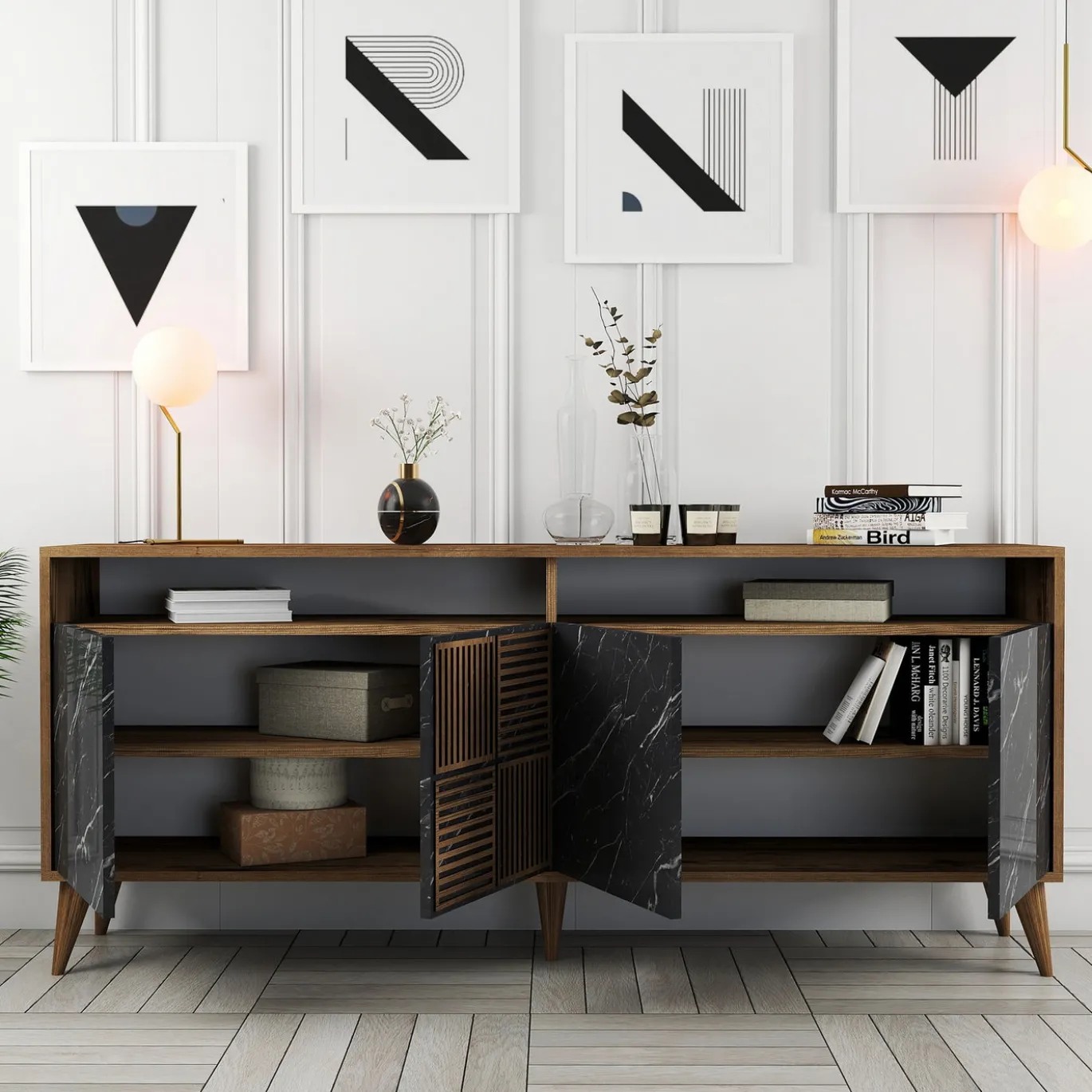 Dressoir Milan Marmerlook Zwart/Walnoot 180cm