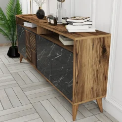 Dressoir Milan Marmerlook Zwart/Walnoot 180cm