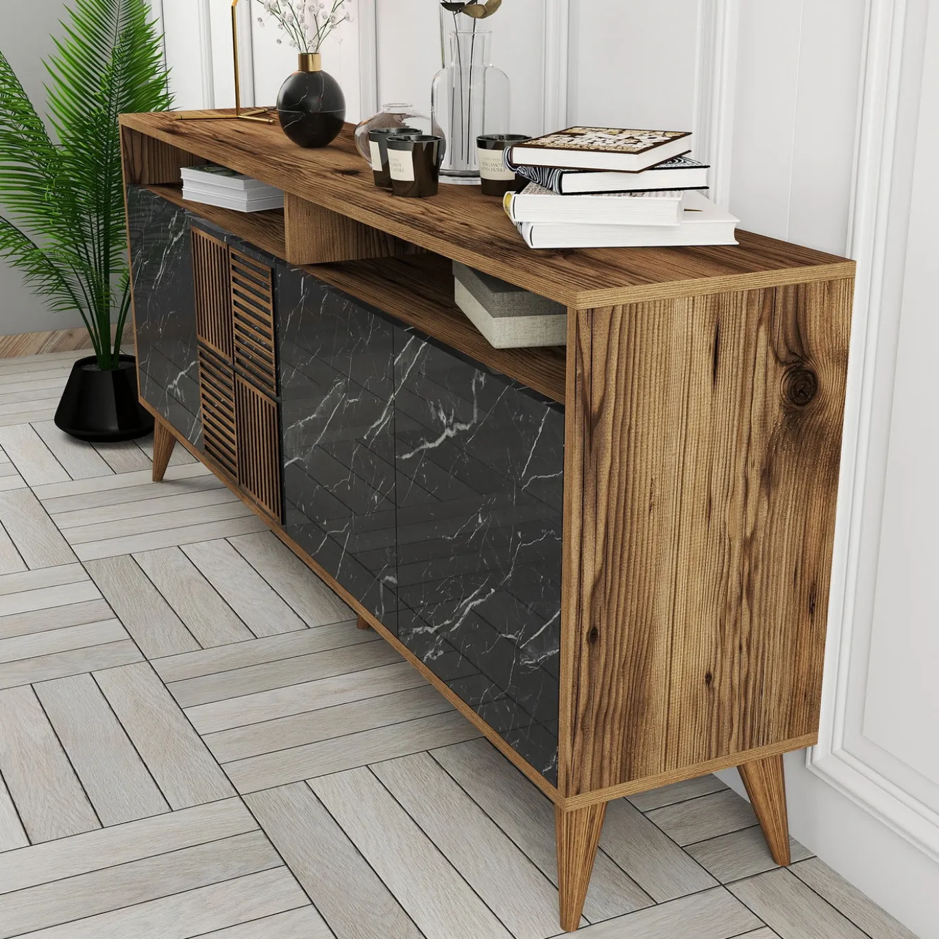 Dressoir Milan Marmerlook Zwart/Walnoot 180cm