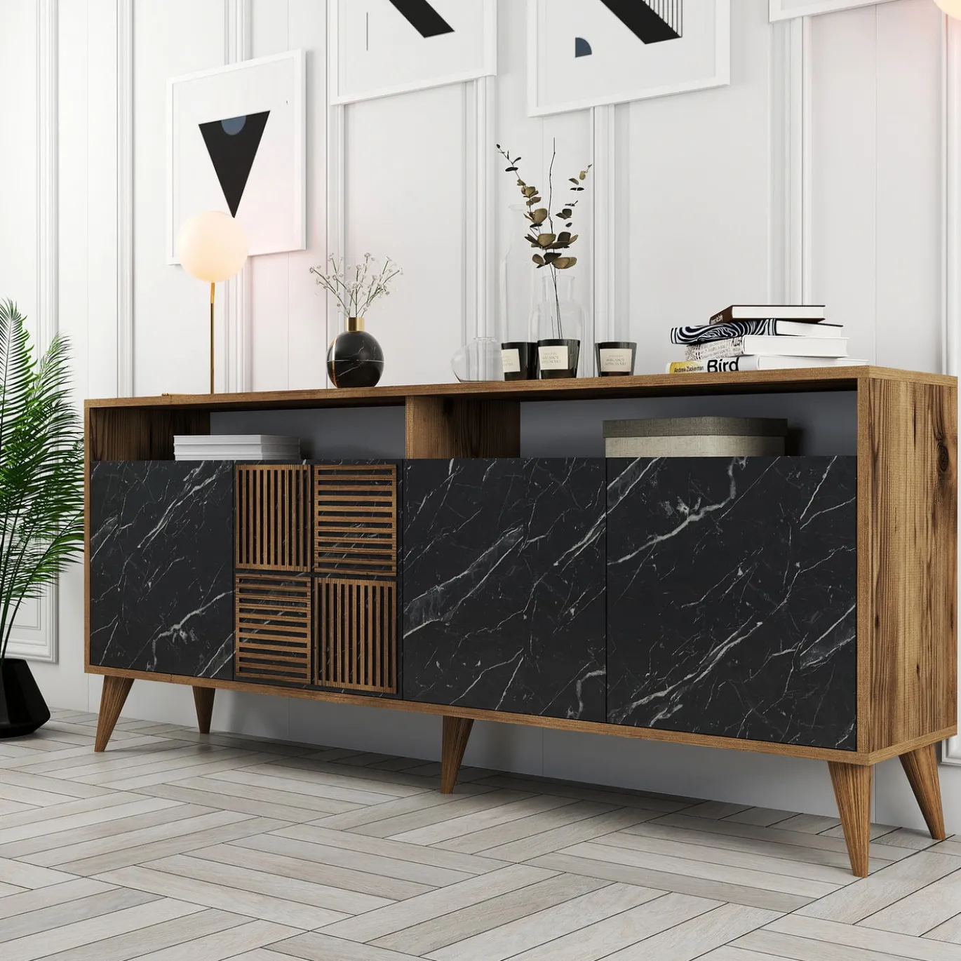 Dressoir Milan Marmerlook Zwart/Walnoot 180cm