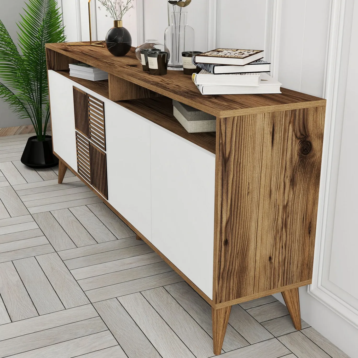 Dressoir Milan Melamine Walnoot Wit 180cm