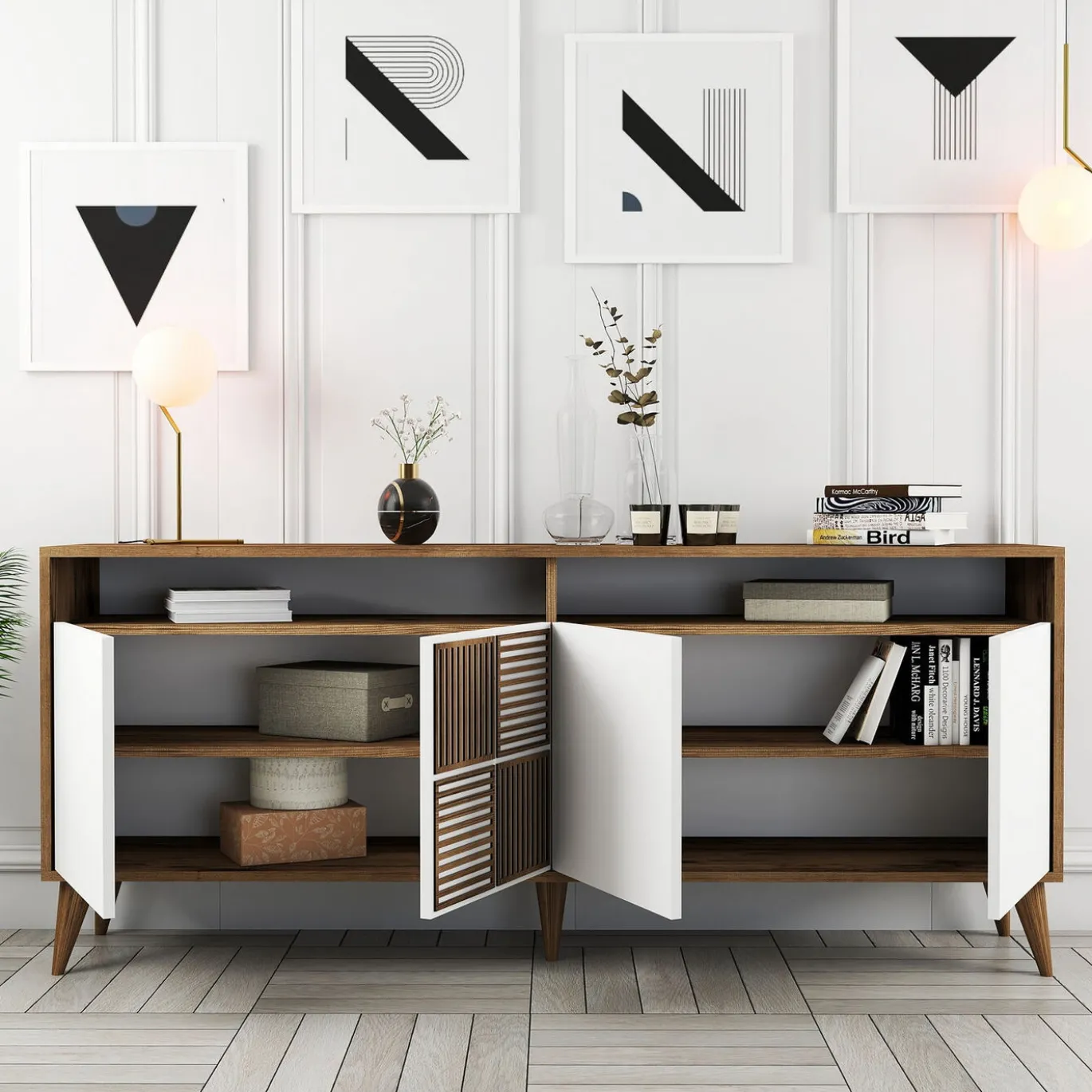 Dressoir Milan Melamine Walnoot Wit 180cm
