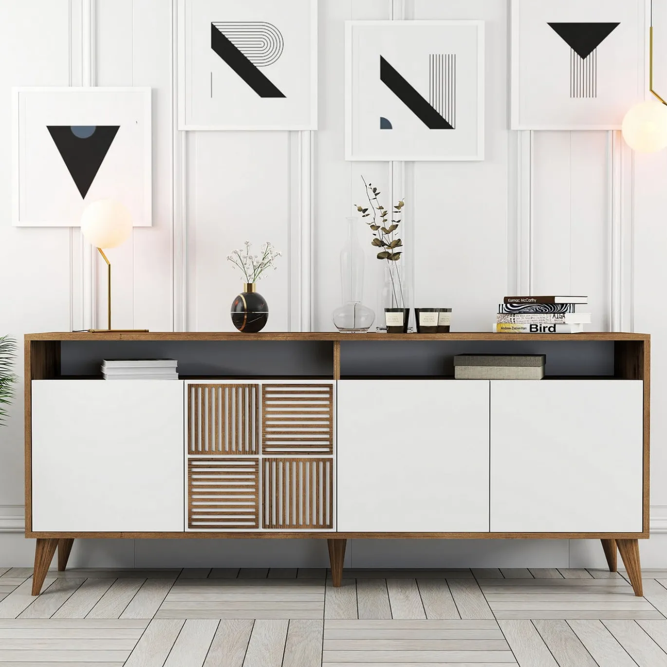 Dressoir Milan Melamine Walnoot Wit 180cm