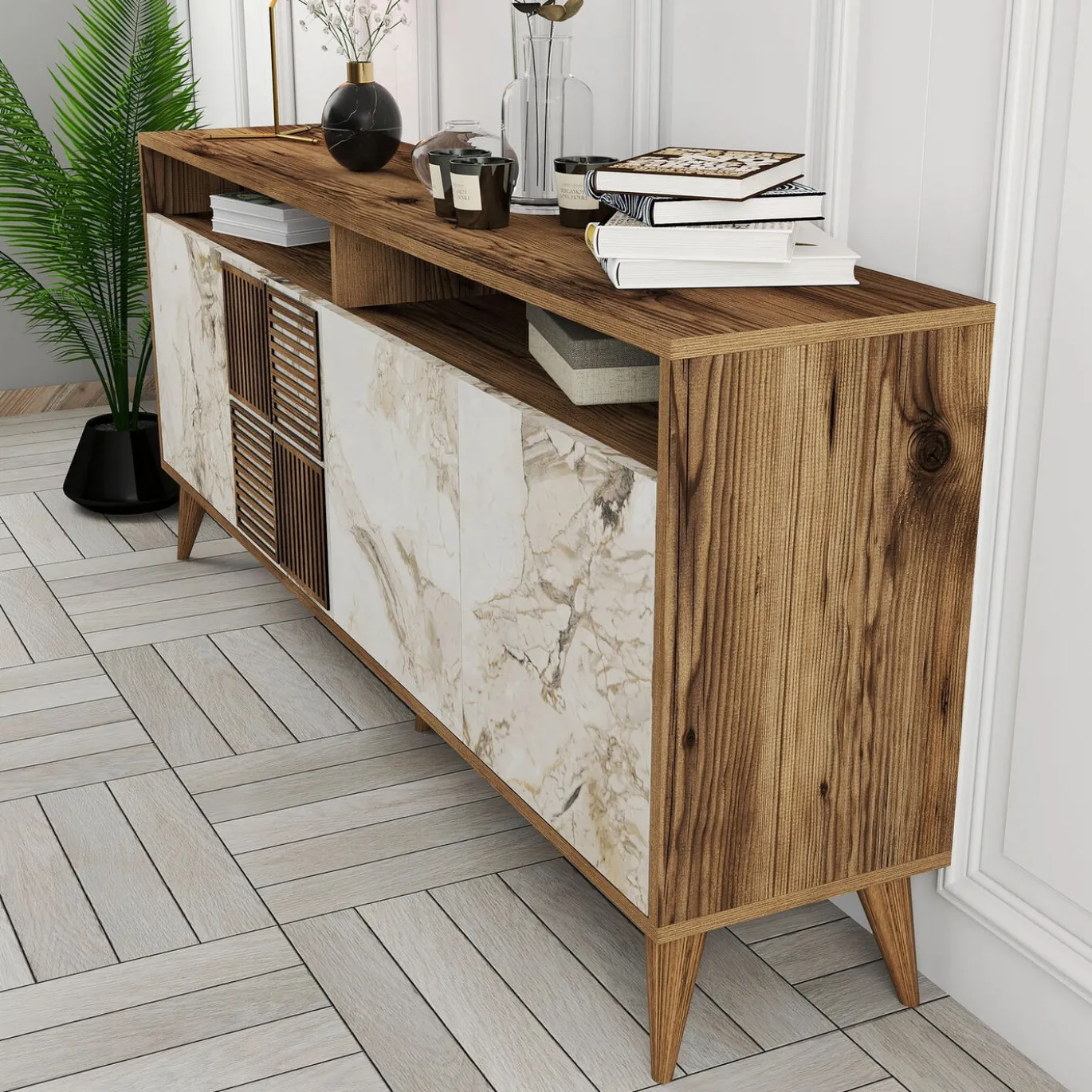 Dressoir Milan Melamine Walnoot Wit Marmer 180cm