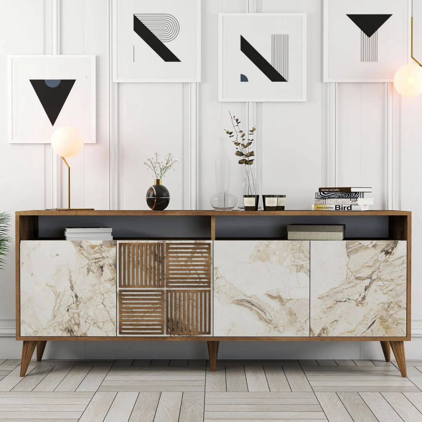 Dressoir Milan Melamine Walnoot Wit Marmer 180cm