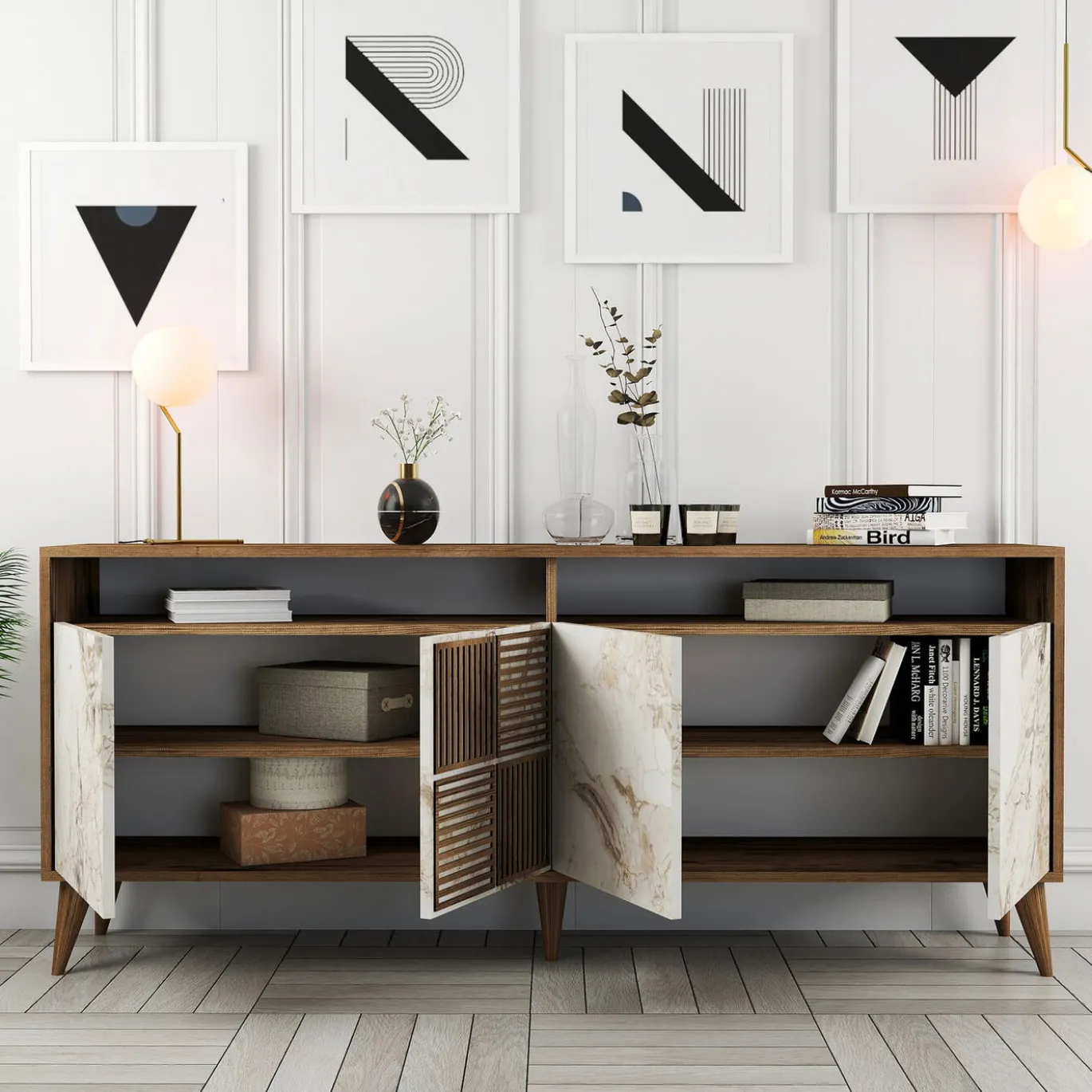 Dressoir Milan Melamine Walnoot Wit Marmer 180cm