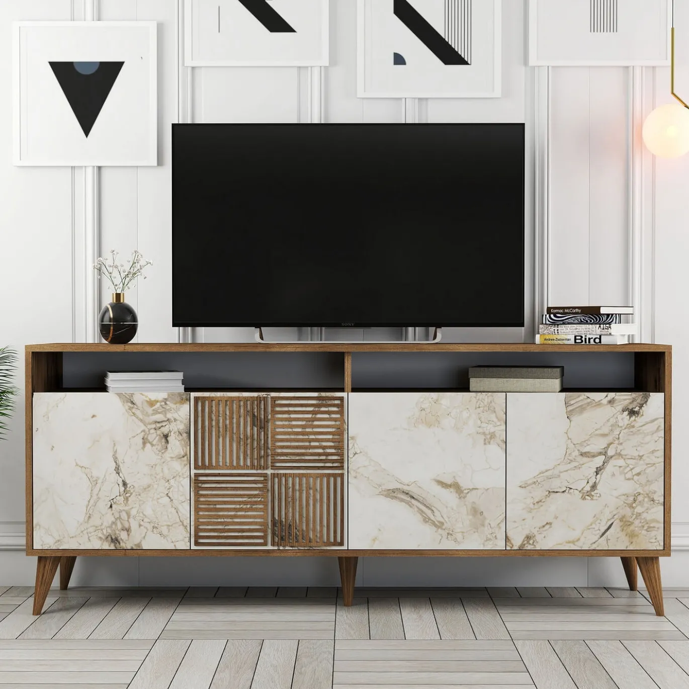 Dressoir Milan Melamine Walnoot Wit Marmer 180cm