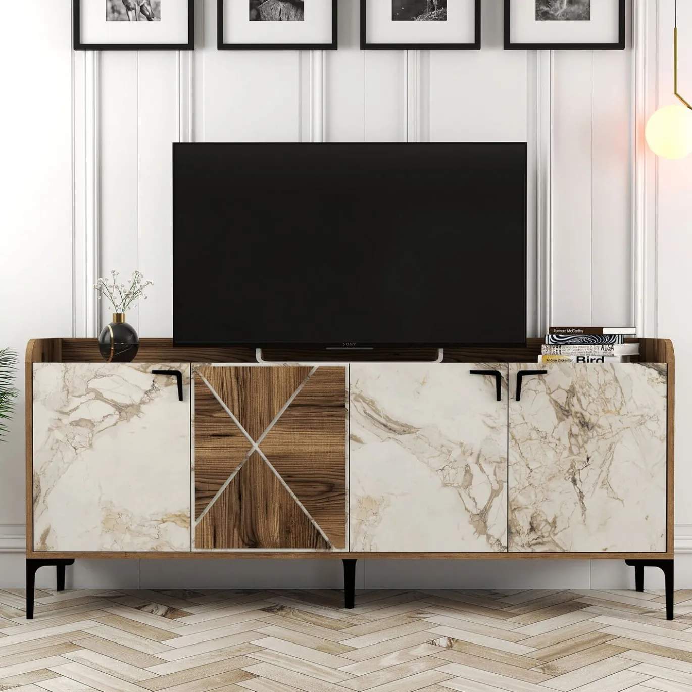 Dressoir Venedik Melamine Walnoot Wit Marmer