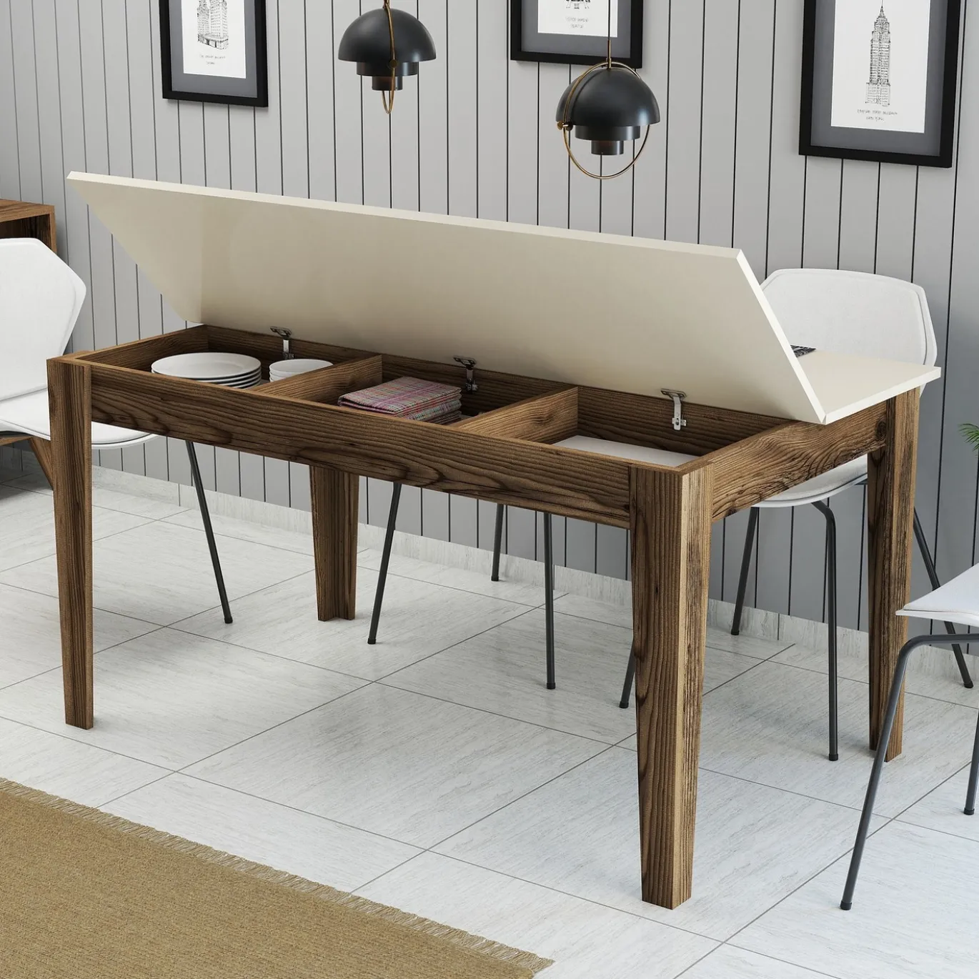 Eettafel Milan Crème/Walnoot met Opbergruimte 145cm