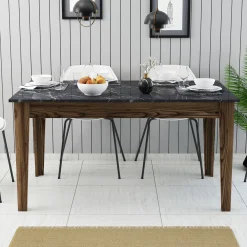 Eettafel Milan Marmerlook Zwart/Walnoot met Opbergruimte 145cm